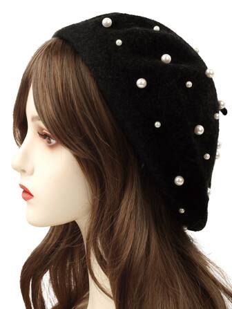 Elegant 100% Knitted Faux Pearl Decor Beret Winter Fall