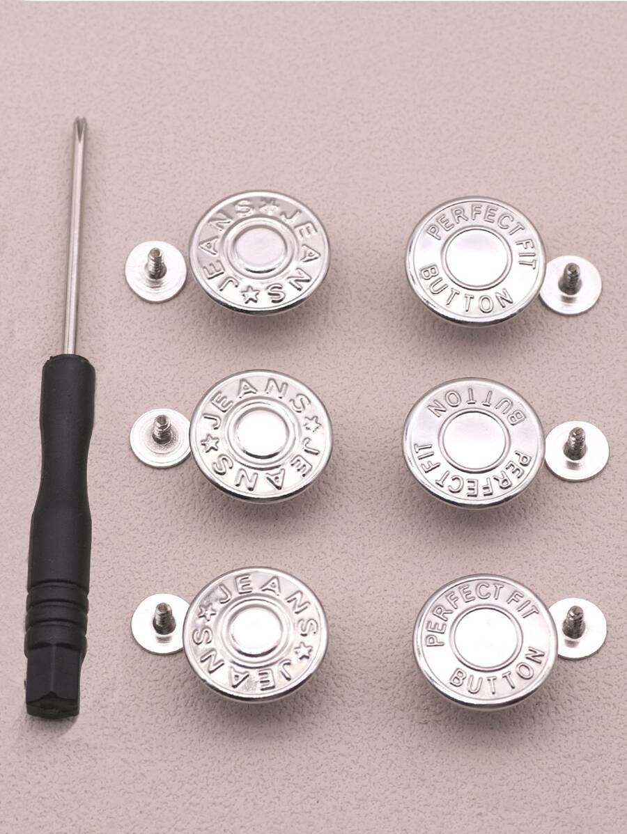 6pcs Zinc Alloy Button With 1pc Tool, Casual Letter Graphic Round Hand Sewing For Apparel Accessory