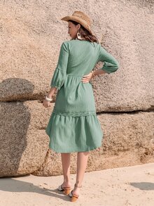 Rusttydustty Guipure Lace Insert Ruffle Hem Dress - Mint Green - View 2