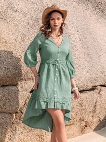 Rusttydustty Guipure Lace Insert Ruffle Hem Dress - Mint Green - View 4