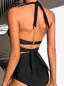 SHEIN Bañador bikini push up unicolor fruncido - Negro - Ver 3