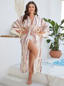 SHEIN Swim Curve 大碼紮染蝙蝠袖腰帶高衩和服罩衫