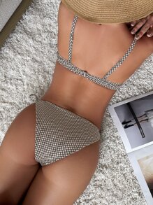 SHEIN Swim 雙色格子前繫帶聚攏比基尼泳裝 - 咖啡棕 - 查看 2