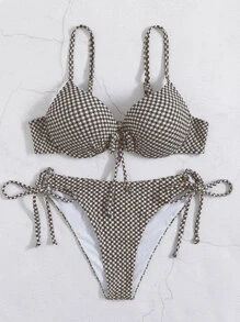 SHEIN Swim 雙色格子前繫帶聚攏比基尼泳裝 - 咖啡棕 - 查看 3