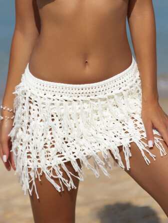 Summer Beach Hollow Out Fringe Hem Crochet Cover Up Skirt