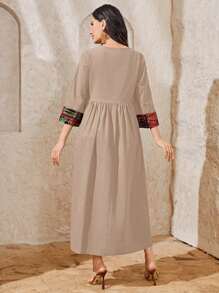 Al Najma Embroidery Notched Neckline Smock Arabian Modest Dress - Apricot - View 2