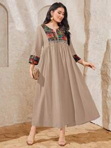 Al Najma Embroidery Notched Neckline Smock Arabian Modest Dress - Apricot - View 3