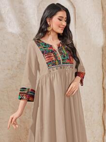 Al Najma Embroidery Notched Neckline Smock Arabian Modest Dress - Apricot - View 5
