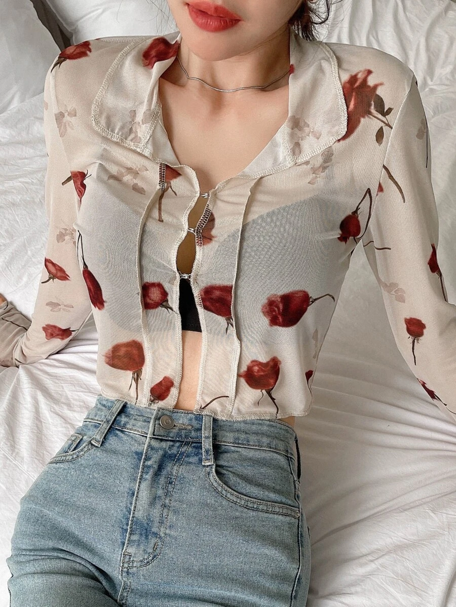 DAZY Áo crop top lưới in hoa, thắt nơ phía trước, thích hợp mặc đi chơi, dự lễ hội, áo dài tay mỏng nhẹ cho nữ mùa thu, lễ Phục sinh. - Màu be - Xem 1