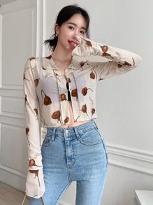 DAZY Blumen-Muster Crop Mesh Shirt mit Bindedetail, Ausgehoberteil für Festivals, transparentes Langarm-Top für Frauen im Herbst, Ostern - Aprikosenfarben - Übersicht 3