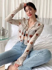 DAZY Blumen-Muster Crop Mesh Shirt mit Bindedetail, Ausgehoberteil für Festivals, transparentes Langarm-Top für Frauen im Herbst, Ostern - Aprikosenfarben - Übersicht 5