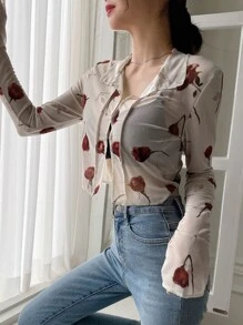 DAZY Blumen-Muster Crop Mesh Shirt mit Bindedetail, Ausgehoberteil für Festivals, transparentes Langarm-Top für Frauen im Herbst, Ostern - Aprikosenfarben - Übersicht 7