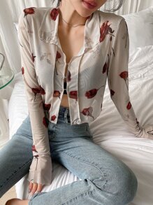 DAZY Blumen-Muster Crop Mesh Shirt mit Bindedetail, Ausgehoberteil für Festivals, transparentes Langarm-Top für Frauen im Herbst, Ostern - Aprikosenfarben - Übersicht 8