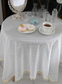 1pc Polyester Tablecloth, Minimalist Pompom Decor Decorative Table Cover For Dining Table - White - View 3
