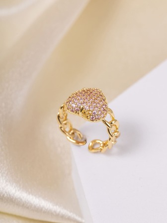 方晶鋯石愛心裝飾開口戒指