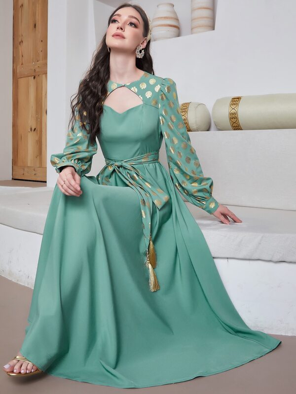 SHEIN Najma Gold Floral Print Cut Out Front Lantern Sleeve Belted Dress