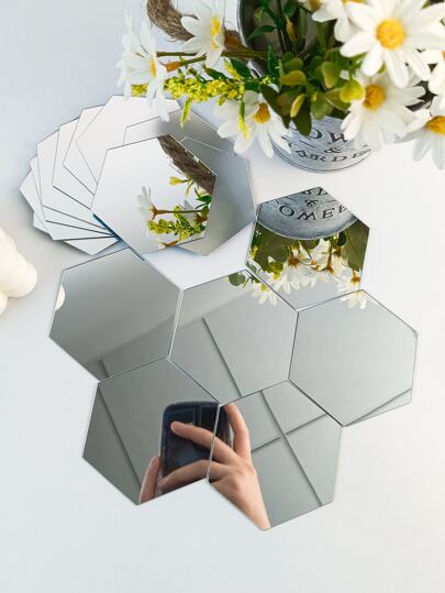Set de 16 piezas de adhesivos de espejo de plástico hexagonal plateado, adecuado para dormitorio, cocina, sala de estar, baño, tamaño: 7*8cm/2.75*3.15in, mejores regalos