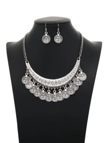 3pcs/Set Versatile Coin Tassel  Style Necklace And Earrings, Punk Style Women's Accessories - Antique Silver - View 3
