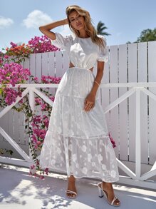 SHEIN VCAY Jacquard Cut Out Waist Ruffle Hem Dress - White - View 1