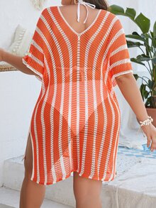 Plus Striped Batwing Sleeve Cover Up Dress Without Bikini Set - Orange - View 2