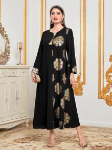 Al Najma Gold Graphic Print Notched Neckline Jalabiya, Modest Kaftan - Black - View 1