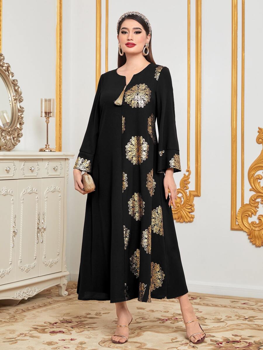 Al Najma Gold Graphic Print Notched Neckline Jalabiya, Modest Kaftan - Black - View 1