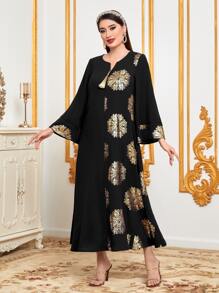 Al Najma Gold Graphic Print Notched Neckline Jalabiya, Modest Kaftan - Black - View 3