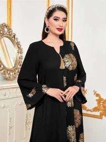 Al Najma Gold Graphic Print Notched Neckline Jalabiya, Modest Kaftan - Black - View 5