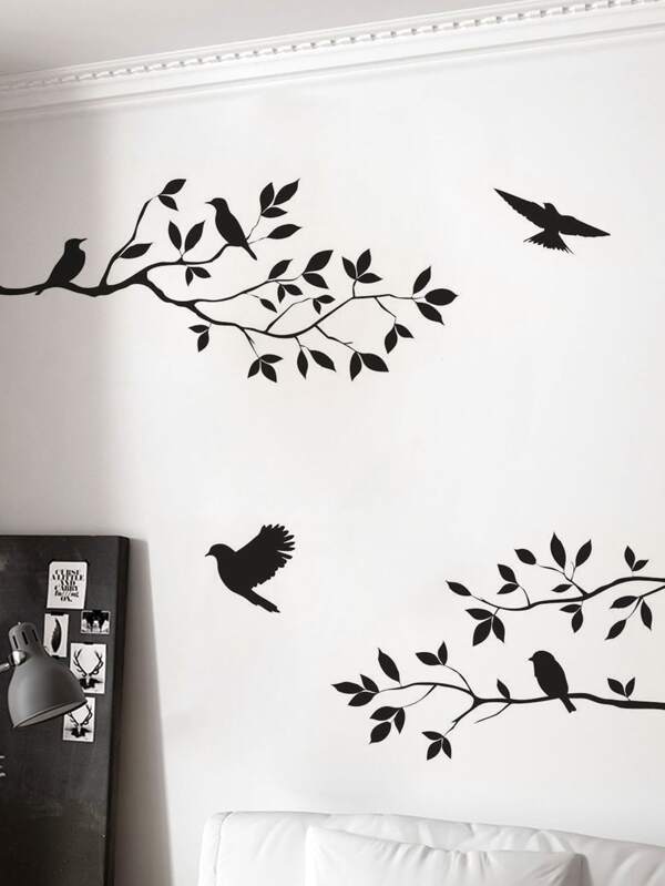 Sticker mural imprimé arbre et oiseau, décalcomanie murale en vinyle adhésive noire pour la décoration de la maison, stickers, décalcomanie murale, décalcomanie vinyle pour la décoration de la maison, articles de décoration de printemps pour rafraîchir votre maison, autocollants de décoration de branches, cadeaux d'anniversaire et de remise des diplômes