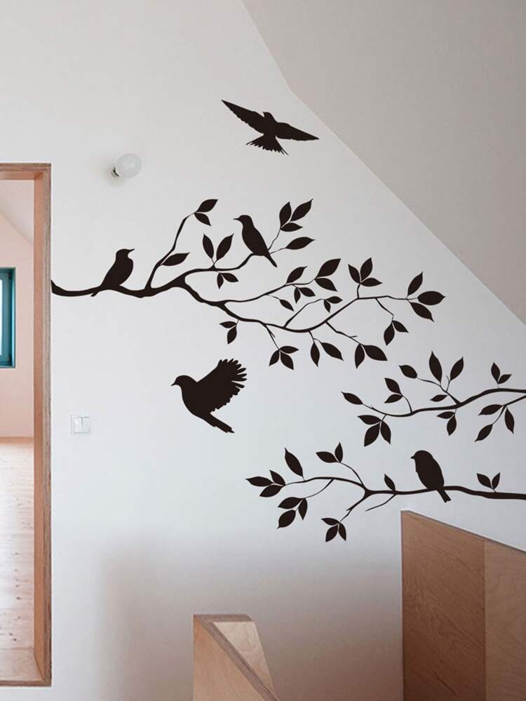 Tree & Bird Print Wall Sticker, Black Self Adhesive Wall Art Decal For Home Decor, Stickers, Wall Decal, Vinyl Decal For Home Decorations, Spring Decoration Items Refresh Your Home, Rama Decoration Stickers Gifts Birthday Graduation