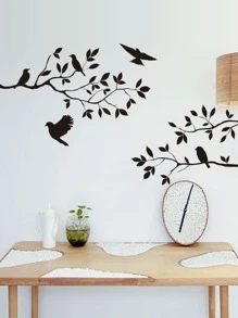 树与鸟印花墙贴，黑色自粘式墙贴艺术家居装饰贴纸，贴纸，墙贴，乙烯基家居装饰贴纸，春季装饰品让您的家焕然一新，拉玛装饰贴纸礼物生日毕业 - 黑色 - 查看 3