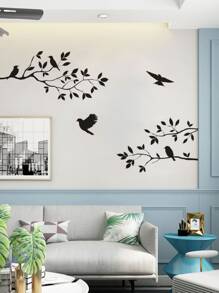 树与鸟印花墙贴，黑色自粘式墙贴艺术家居装饰贴纸，贴纸，墙贴，乙烯基家居装饰贴纸，春季装饰品让您的家焕然一新，拉玛装饰贴纸礼物生日毕业 - 黑色 - 查看 4