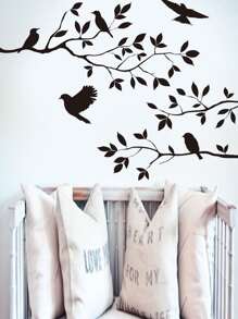 树与鸟印花墙贴，黑色自粘式墙贴艺术家居装饰贴纸，贴纸，墙贴，乙烯基家居装饰贴纸，春季装饰品让您的家焕然一新，拉玛装饰贴纸礼物生日毕业 - 黑色 - 查看 5