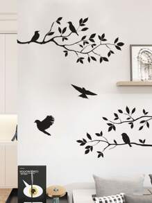 树与鸟印花墙贴，黑色自粘式墙贴艺术家居装饰贴纸，贴纸，墙贴，乙烯基家居装饰贴纸，春季装饰品让您的家焕然一新，拉玛装饰贴纸礼物生日毕业 - 黑色 - 查看 7