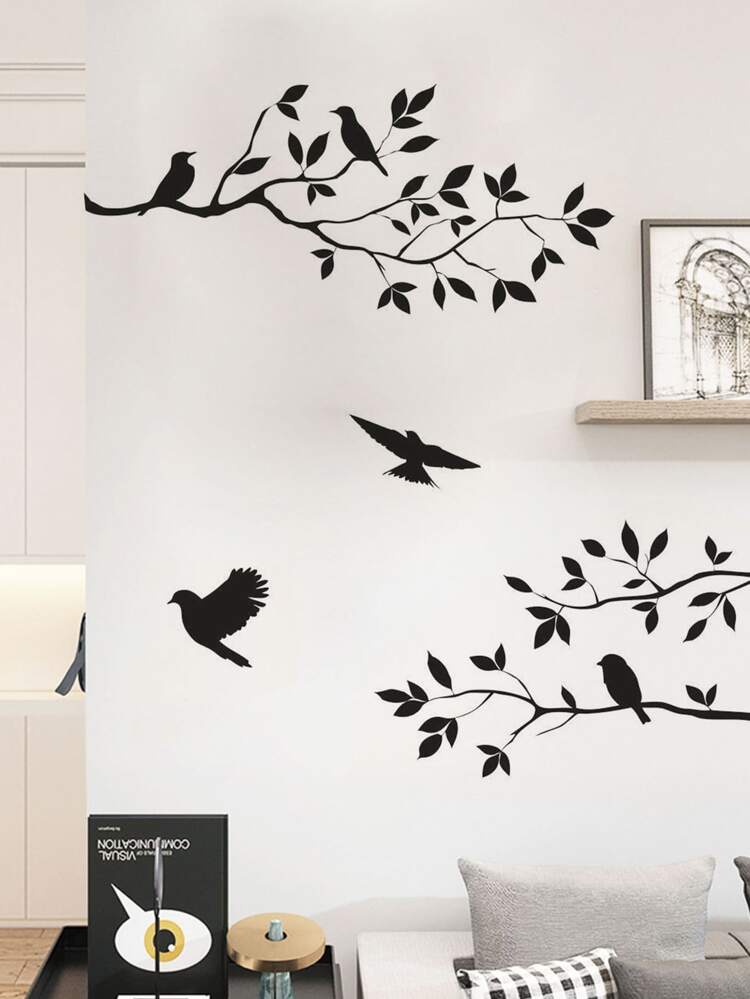 Tree & Bird Print Wall Sticker, Black Self Adhesive Wall Art Decal For Home Decor, Stickers, Wall Decal, Vinyl Decal For Home Decorations, Spring Decoration Items Refresh Your Home, Rama Decoration Stickers Gifts Birthday Graduation