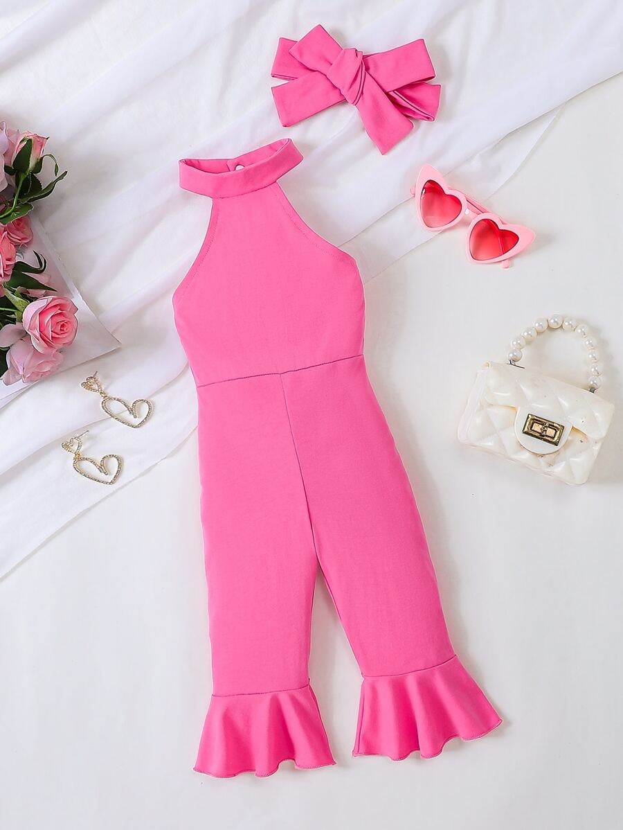 Đứa bé gái Xù Hoa Sen Áo liền quần Dây thắt cổ & Băng đô đầu - Hồng - Xem 1