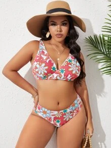 SHEIN Swim Curve Plus Size Floral Print Bikini Set Summer Beach - Multicolor - View 1