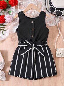 SHEIN Girls Striped Print Belted Tank Romper - Black - View 1