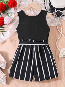 SHEIN Girls Striped Print Belted Tank Romper - Black - View 2