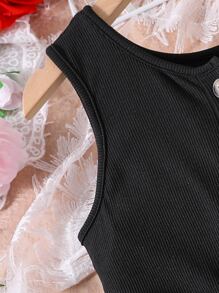 SHEIN Girls Striped Print Belted Tank Romper - Black - View 4