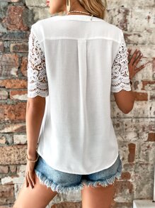 SHEIN Clasi Áo sơ mi nữ Nút phía trước Tương phản ren màu trơn Thanh lịch - trắng - Xem 2