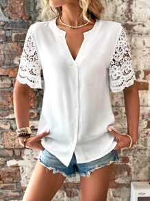 SHEIN Clasi Áo sơ mi nữ Nút phía trước Tương phản ren màu trơn Thanh lịch - trắng - Xem 6