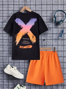 SHEIN 男孩字母圖案T恤和短褲 - 彩色 - 查看 1