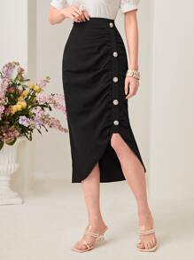 Modelyn Button Detail Ruched Asymmetrical Hem Skirt - Black - View 1
