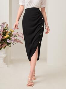Modelyn Button Detail Ruched Asymmetrical Hem Skirt - Black - View 4