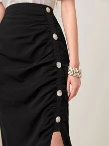 Modelyn Button Detail Ruched Asymmetrical Hem Skirt - Black - View 6