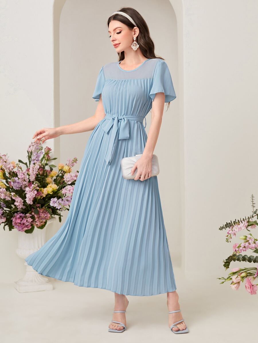 Modelyn Solid Pleated Hem Dress - Dusty Blue - View 1