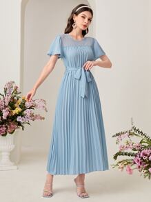 Modelyn Solid Pleated Hem Dress - Dusty Blue - View 3