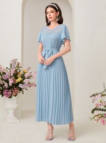 Modelyn Solid Pleated Hem Dress - Dusty Blue - View 4