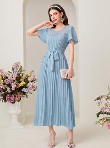 Modelyn Solid Pleated Hem Dress - Dusty Blue - View 5